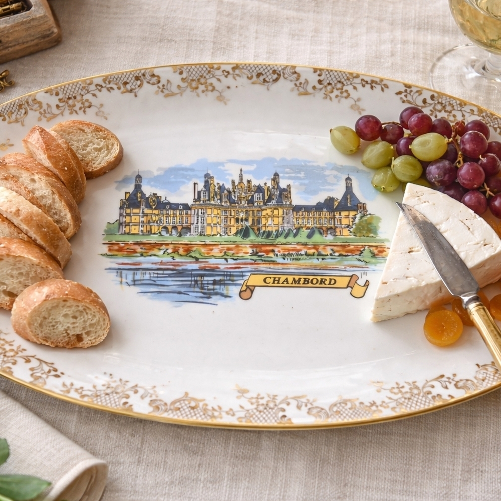 Vintage Chambord Porcelain Serving Platter Gold Trim Chateau France